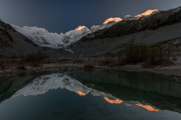 Morteratsch und Piz Bernina im Sonnenaufgang